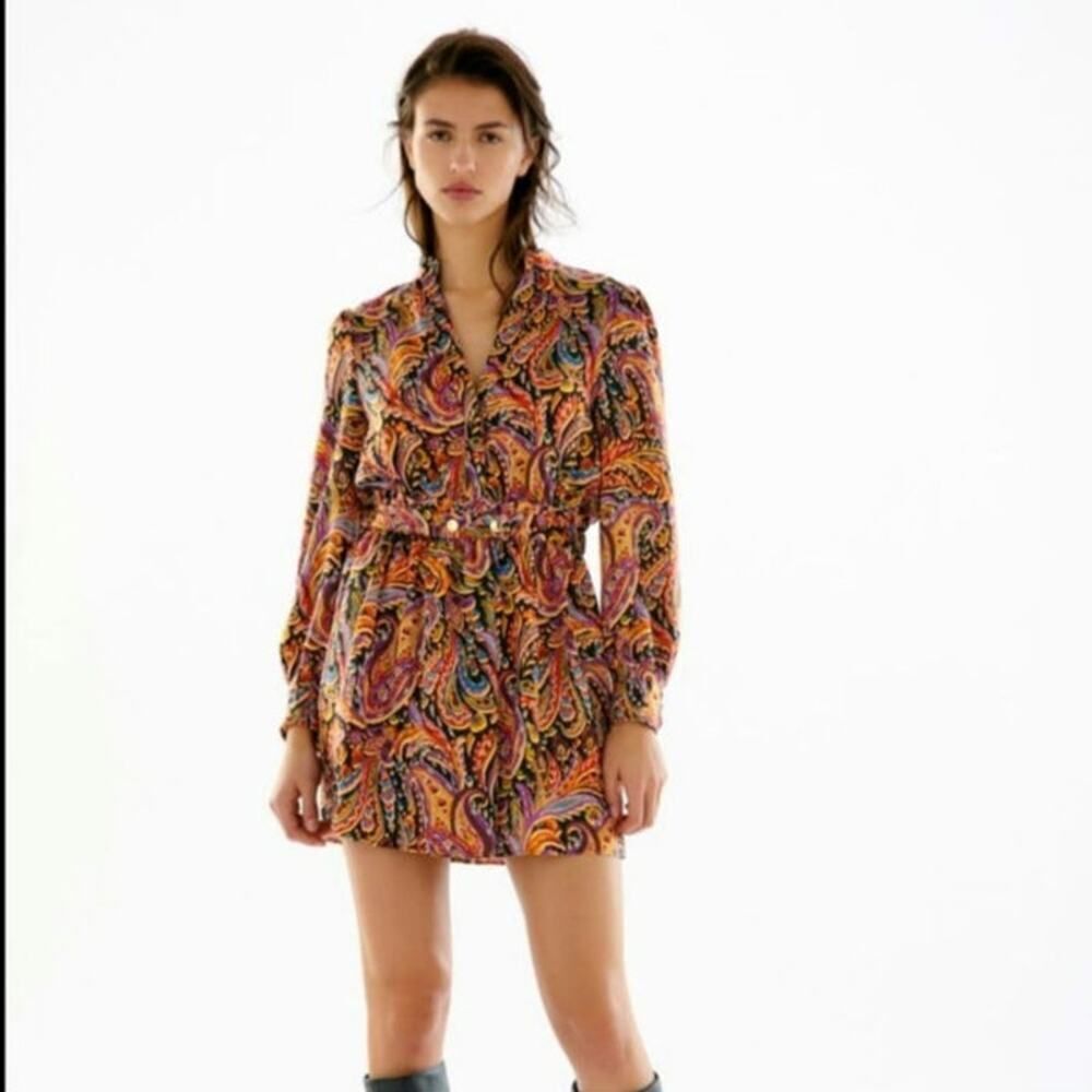Zara Boho Paisley Mini Dress Long Sleeve Gold Details V Neck Multicolor Size L
